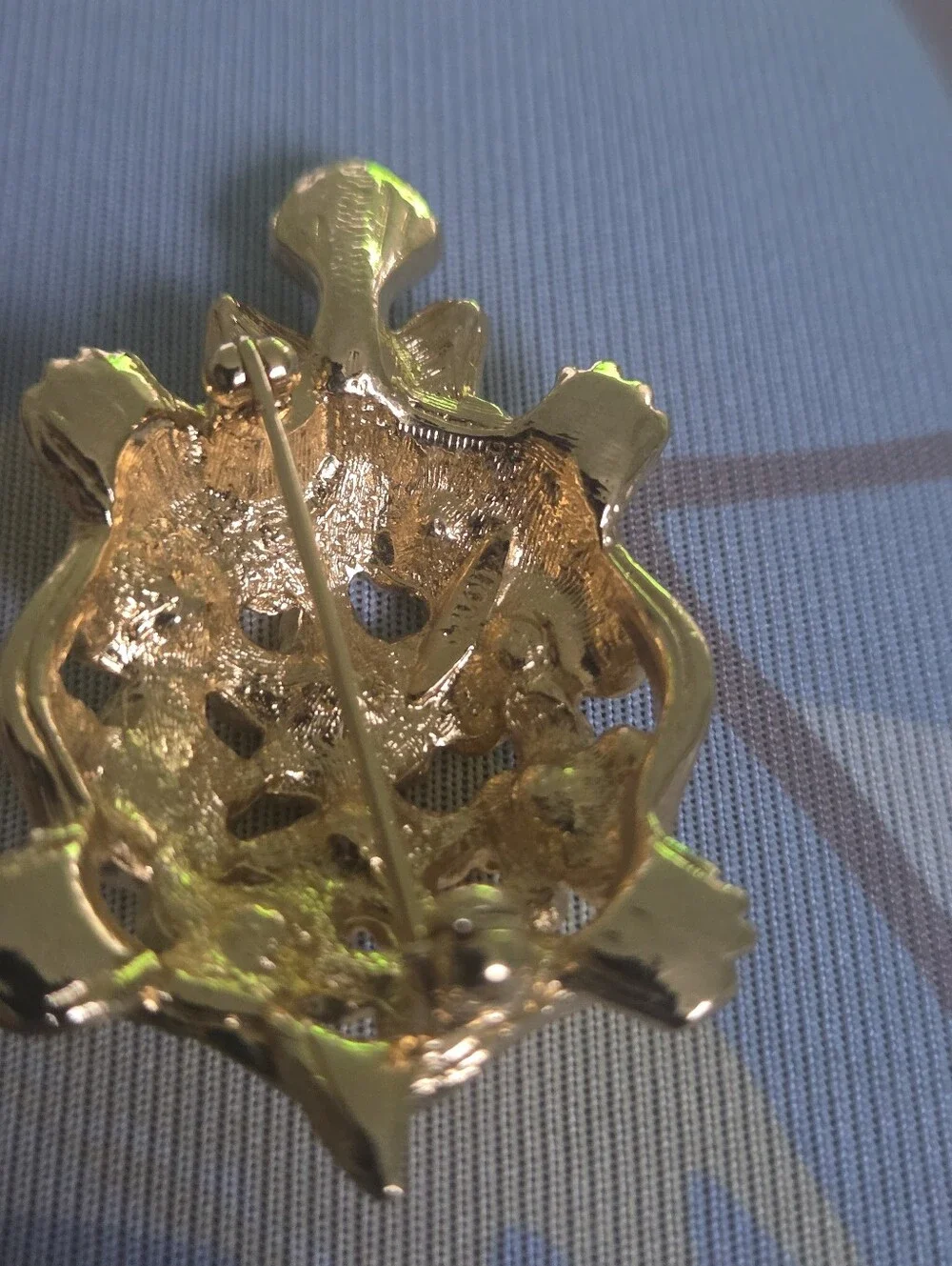 Vintage Avon Gold-Tone Turtle Brooch with Blue & Green Crystal Accents